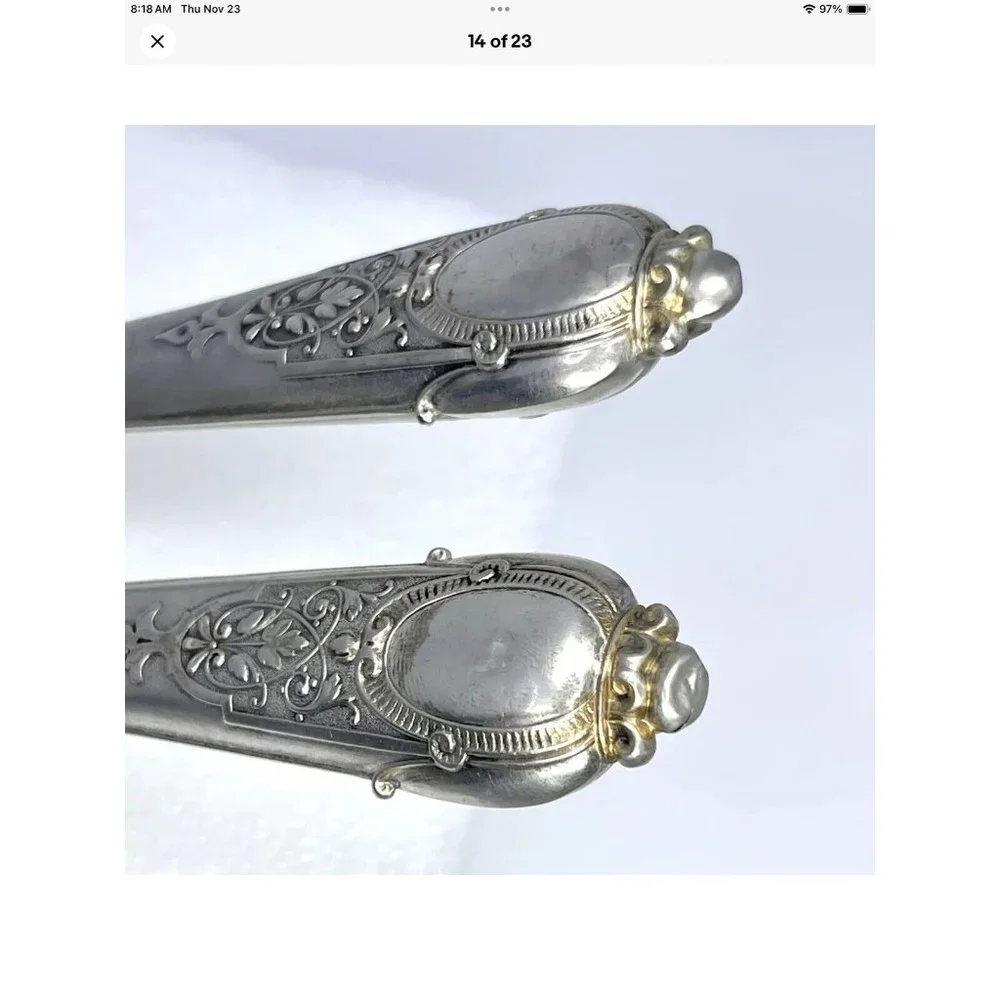 Rare Antq Ornate Motif Fish Dining Serving Set Silver Parcel Gilt Cutlery HTF